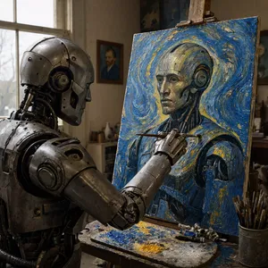 Photorealistic image of a robot painting a realistic self-portrait (i.e. the robot) on canvas, mimicking Van Gogh’s art style; clear, realistic metallic textures and painting details visible - Reve Reve 2.1