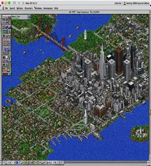 Pixel art cityscape of San Francisco in the iconic SimCity 2000 style, isometric view, detailed skyscrapers, residential areas, clearly identifiable Golden Gate Bridge, Coit Tower, Transamerica Pyramid, surrounded by the classic SimCity 2000 UI elements - Reve Reve 2.1