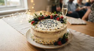 A birthday cake with icing that spells 