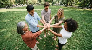 A group of five people joining hands in a circle, seen from above. - Google Nano Banana 2 Lite