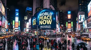A large storefront billboard at Times Square displaying the slogan “WORLD PEACE NOW” in bold, clear letters, amidst a vibrant cityscape at night. - Google Nano Banana 2 Lite