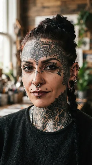 A portrait of a person with elaborate facial tattoos and piercings, shown in sharp detail. - Google Nano Banana 2 Lite