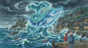A sea creature rising from a stormy ocean near a village. Replicate the visual style of 'Ponyo' by Studio Ghibli, with Miyazaki's fluid water animations and vibrant creatures. - Google Nano Banana 2 Lite