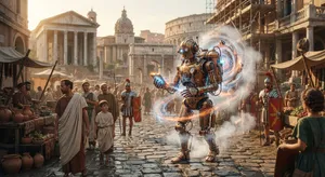 A steampunk robot time-traveling in ancient Rome, depicted in a detailed cinematic style that blends historical accuracy with copper and brass retrofuturistic aesthetics. - Google Nano Banana 2 Lite