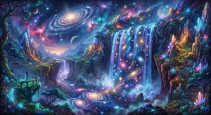 A waterfall that pours out stars and galaxies instead of water, illustrated in a cosmic fantasy style with vibrant space colors and dramatic lighting effects. - Google Nano Banana 2 Lite