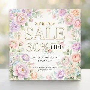 Instagram post graphic: 'SPRING SALE 30% OFF'. Floral background, pastel colors, elegant serif font style visually integrated. - Google Nano Banana 2 Lite