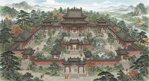 Isometric architectural illustration of an ancient Chinese temple complex showing multiple pavilions, gardens, and ceremonial spaces. Include proper roof structures and traditional ornamentation. - Google Nano Banana 2 Lite