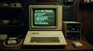 Vintage Apple II computer with green monochrome CRT screen, displaying 'END OF WORLD PROCEDURES' in green text. Two external floppy drives stacked on the right, labeled disk II with rainbow Apple logos. Beige casing, black background, retro aesthetic. - Google Nano Banana 2 Lite