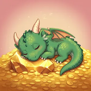 A cute chibi-style dragon sleeping on a pile of gold. - Google Imagen 3.0