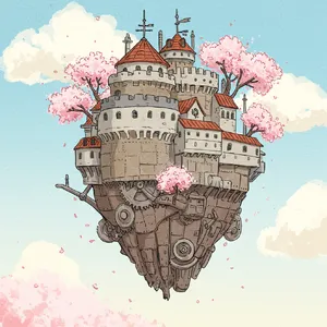 A floating steampunk castle in the sky with intricate mechanical gears and cherry blossom trees, illustrated in Hayao Miyazaki's Castle in the Sky (1986) art style with watercolor textures and detailed line work. - Google Imagen 3.0