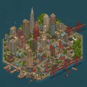 Pixel art cityscape of San Francisco in the iconic SimCity 2000 style, isometric view, detailed skyscrapers, residential areas, clearly identifiable Golden Gate Bridge, Coit Tower, Transamerica Pyramid, surrounded by the classic SimCity 2000 UI elements - Google Imagen 3.0