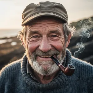 A 4K photo of an old fisherman with a weathered face and a pipe, grinning. - Google Imagen 4.0 Ultra