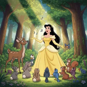 A classic Disney-like 2D cartoon princess singing with animals in a forest. - Google Imagen 4.0 Ultra