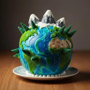 A dessert cake that looks like a tiny planet, complete with miniature trees and mountains, photographed in a professional food photography style with tilt-shift focus effect. - Google Imagen 4.0 Ultra
