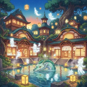 An enchanted bathhouse with glowing lanterns and spirits. Recreate the visual style of 'Spirited Away' by Studio Ghibli, with Miyazaki's ornate architecture and magical atmosphere. - Google Imagen 4.0 Ultra