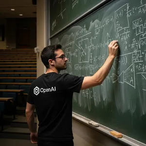 Photorealistic depiction of a man wearing a clearly visible black OpenAI-branded T-shirt. He is standing at the front of a university lecture hall, writing complex mathematics and AI-related equations across a large, dusty chalkboard filled with notation - Google Imagen 4.0 Ultra