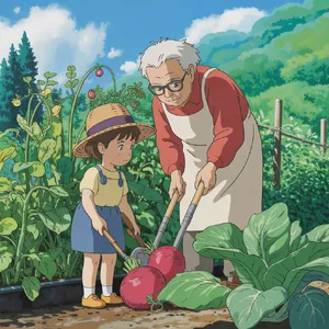 A child and elder tending oversized vegetables in a garden. Reproduce the artistic style of Studio Ghibli, with their distinctive character proportions and detailed plant illustrations. - Ideogram Ideogram 3.0 (Quality)