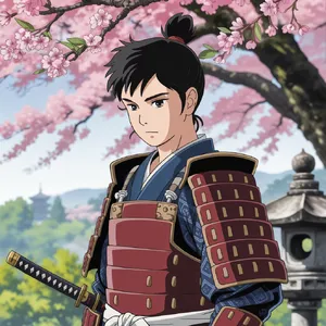 An anime-style portrait of a samurai standing under pink cherry blossoms. - Ideogram Ideogram 3.0 (Quality)