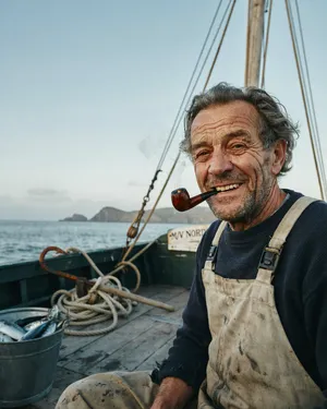 A 4K photo of an old fisherman with a weathered face and a pipe, grinning. - Ideogram Ideogram 4.0 (Quality)
