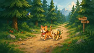A cartoon of a cat and a dog on an adventure, drawn in a colorful 2D style. - Ideogram Ideogram 4.0 (Quality)