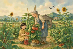 A child and elder tending oversized vegetables in a garden. Reproduce the artistic style of Studio Ghibli, with their distinctive character proportions and detailed plant illustrations. - Ideogram Ideogram 4.0 (Quality)