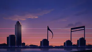 A city skyline that forms the shape of musical notes on a staff, created in a stylized graphic design aesthetic with clean architectural lines and dramatic twilight colors. - Ideogram Ideogram 4.0 (Quality)