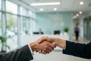 A close-up of two people shaking hands, both hands fully visible with five fingers each, in sharp focus against a blurred background. - Ideogram Ideogram 4.0 (Quality)