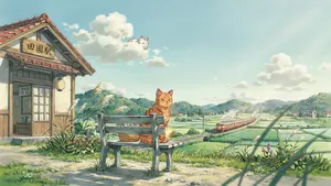 A countryside train station with a cat waiting on a bench. Rendered in Studio Ghibli animation style with Miyazaki's watercolor backgrounds and hand-drawn quality. - Ideogram Ideogram 4.0 (Quality)