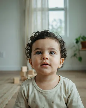 A hyper-realistic photo of a toddler with curly hair and big eyes, looking upward. - Ideogram Ideogram 4.0 (Quality)