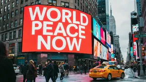 A large storefront billboard at Times Square displaying the slogan “WORLD PEACE NOW” in bold, clear letters, amidst a vibrant cityscape at night. - Ideogram Ideogram 4.0 (Quality)