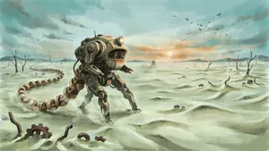 A mechanical creature in a polluted landscape. Capture the visual aesthetic of 'Nausicaä' by Studio Ghibli, with Miyazaki's mechanical designs and environmental contrast. - Ideogram Ideogram 4.0 (Quality)