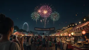 A nighttime festival with fireworks in the sky, food stalls lined up, and crowds mingling. - Ideogram Ideogram 4.0 (Quality)