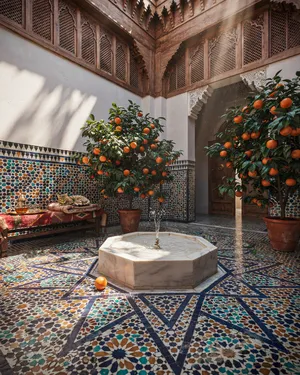 A traditional Moroccan riad courtyard with detailed zellige tilework, flowing fountain, citrus trees, and ornate woodwork. Morning light casting intricate shadow patterns. - Ideogram Ideogram 4.0 (Quality)
