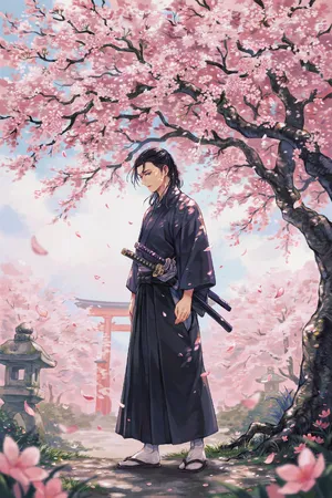 An anime-style portrait of a samurai standing under pink cherry blossoms. - Ideogram Ideogram 4.0 (Quality)