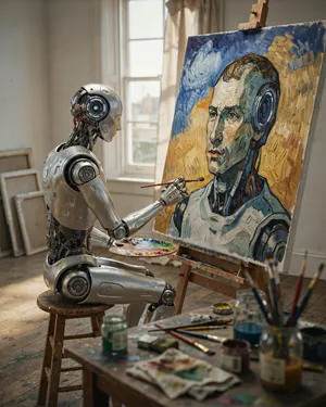 Photorealistic image of a robot painting a realistic self-portrait (i.e. the robot) on canvas, mimicking Van Gogh’s art style; clear, realistic metallic textures and painting details visible - Ideogram Ideogram 4.0 (Quality)
