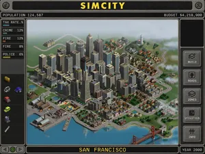 Pixel art cityscape of San Francisco in the iconic SimCity 2000 style, isometric view, detailed skyscrapers, residential areas, clearly identifiable Golden Gate Bridge, Coit Tower, Transamerica Pyramid, surrounded by the classic SimCity 2000 UI elements - Ideogram Ideogram 4.0 (Quality)