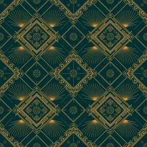 Seamless geometric pattern, Art Deco style, gold lines on deep emerald green background, high resolution texture for print. - Ideogram Ideogram 4.0 (Quality)