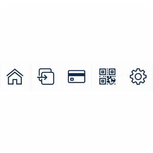 Set of 5 consistent flat design icons for a mobile banking app: 'Home', 'Transfer', 'Account', 'Scan QR', 'Settings'. Monochrome dark blue. - Ideogram Ideogram 4.0 (Quality)