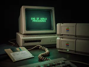 Vintage Apple II computer with green monochrome CRT screen, displaying 'END OF WORLD PROCEDURES' in green text. Two external floppy drives stacked on the right, labeled disk II with rainbow Apple logos. Beige casing, black background, retro aesthetic. - Ideogram Ideogram 4.0 (Quality)