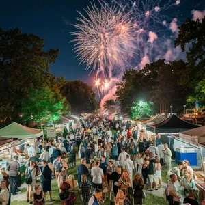 A nighttime festival with fireworks in the sky, food stalls lined up, and crowds mingling. - Ideogram Ideogram V2