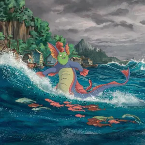A sea creature rising from a stormy ocean near a village. Replicate the visual style of 'Ponyo' by Studio Ghibli, with Miyazaki's fluid water animations and vibrant creatures. - Ideogram Ideogram V2