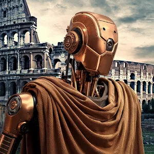 A steampunk robot time-traveling in ancient Rome, depicted in a detailed cinematic style that blends historical accuracy with copper and brass retrofuturistic aesthetics. - Ideogram Ideogram V2