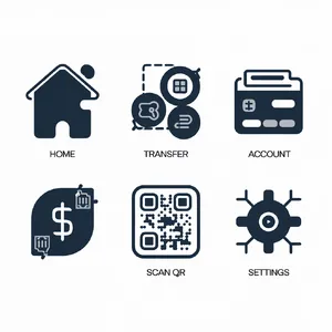 Set of 5 consistent flat design icons for a mobile banking app: 'Home', 'Transfer', 'Account', 'Scan QR', 'Settings'. Monochrome dark blue. - Ideogram Ideogram V2