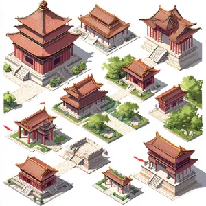 Isometric architectural illustration of an ancient Chinese temple complex showing multiple pavilions, gardens, and ceremonial spaces. Include proper roof structures and traditional ornamentation. - Midjourney Midjourney V6.1