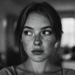 A black and white close-up portrait of a freckled woman with an intense gaze. - Krea Krea 2 Large