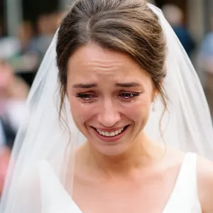 A bride on her wedding day, smiling with tears of joy in her eyes. - Krea Krea 2 Large