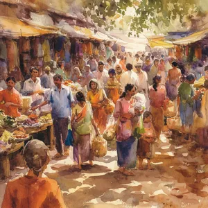 A bustling market scene with dozens of people buying and selling goods. - Krea Krea 2 Large