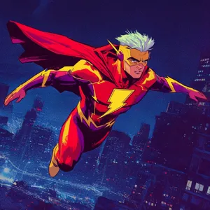 A comic-book style superhero flying over a city at night, with halftone shading. - Krea Krea 2 Large