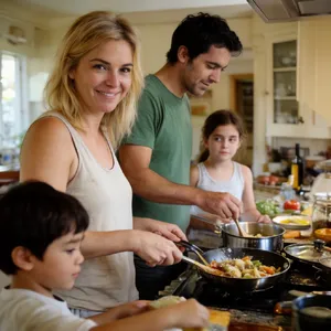 A family cooking together in a kitchen, each person busy with a different task. - Krea Krea 2 Large