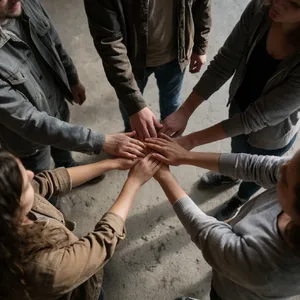 A group of five people joining hands in a circle, seen from above. - Krea Krea 2 Large